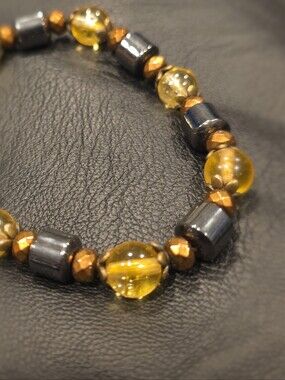 HEMATITE & Amber Colored B eads. Handcrafted Bead Stretch Bracelet.